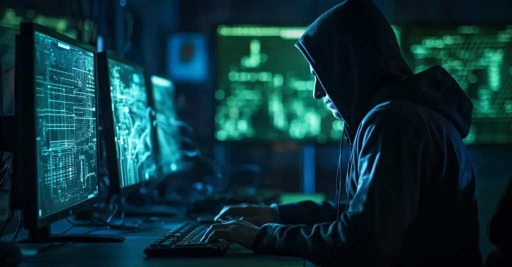 Hacker In A Dimly Lit Room With Computer Screens