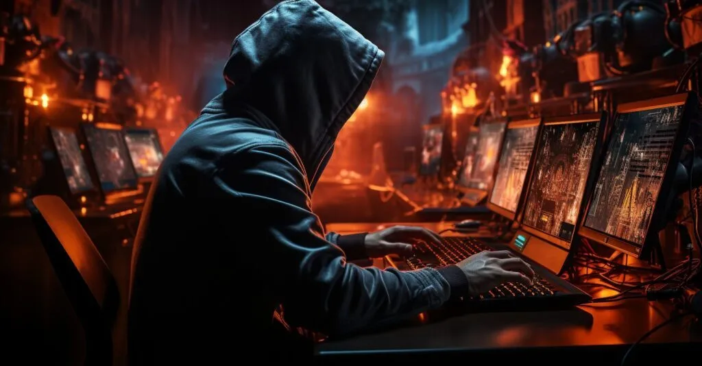 Hooded Hacker In A Dimly Lit Room