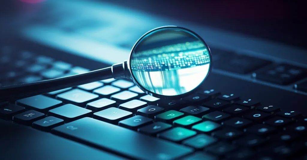 Identity Theft Concept Magnifying Glass On A Laptop