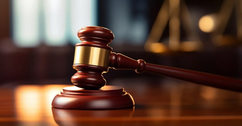 Legal Gavel On A Wooden Desk