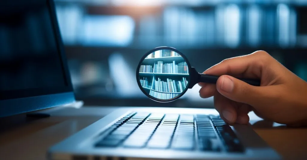 Online Search For Bank Accounts, Magnifying Glass In Hand