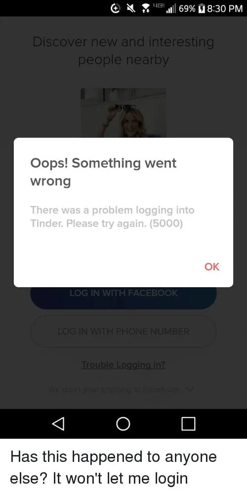 tinder something went wrong when searching