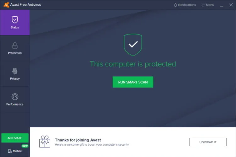 Avast Main Screen