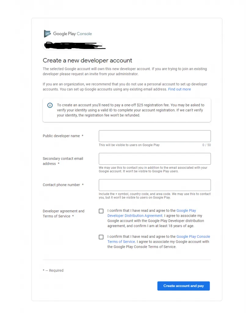 Play Store Create Developer Account