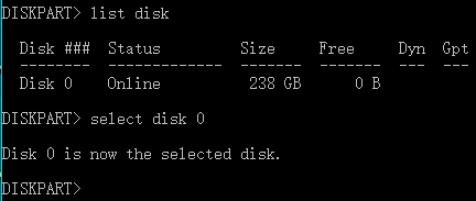Select disk with diskpart command