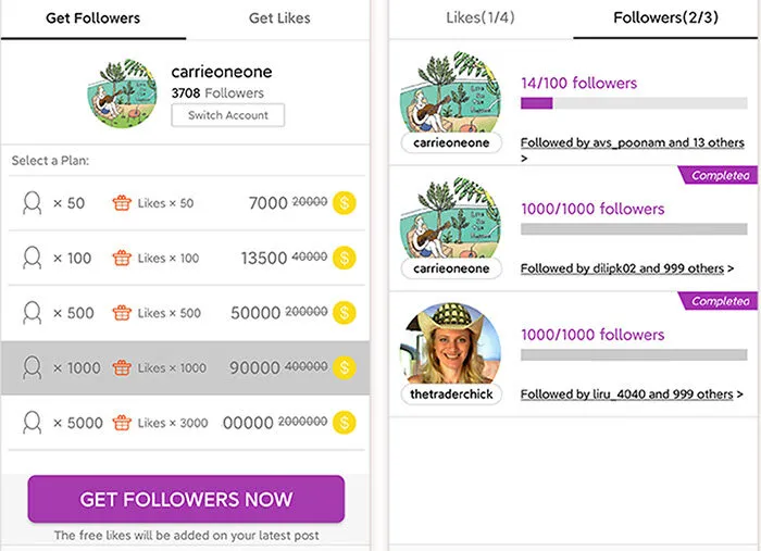 What are the benefits of using the app to gain followers?