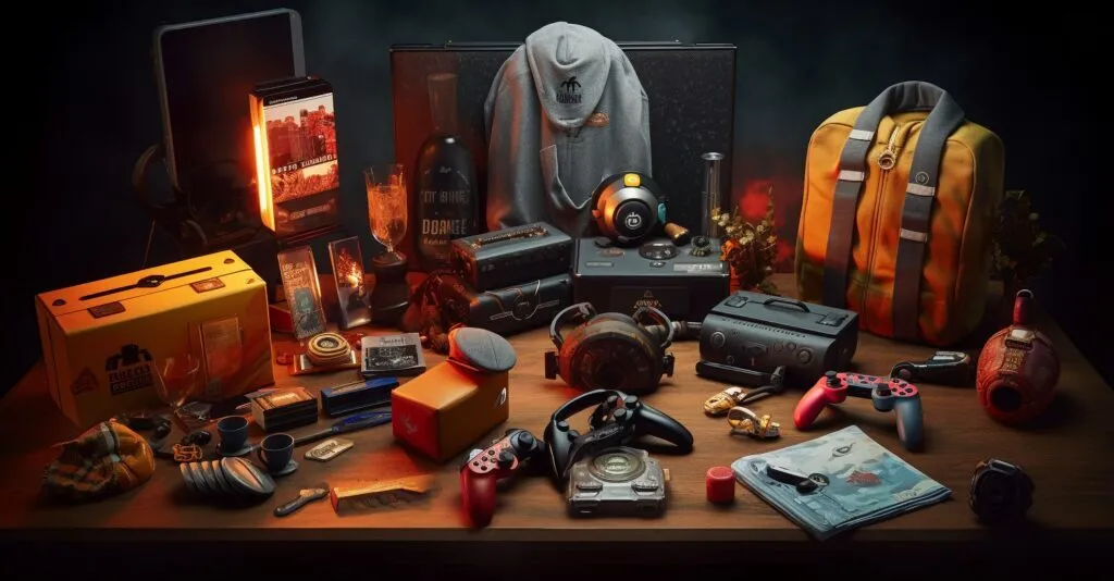A Collection Of Gaming Accessories And Merchandise