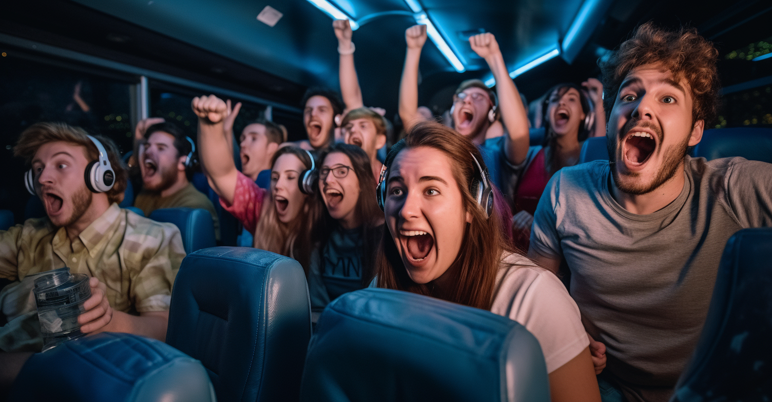 Excited Group Of Gamers On A Gaming Bus