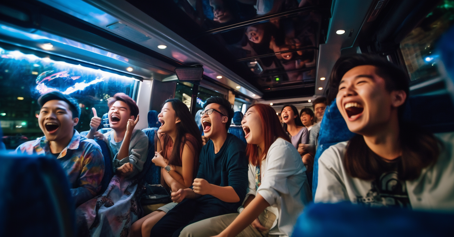 Group Of Friends Enjoying Gaming On A Bus