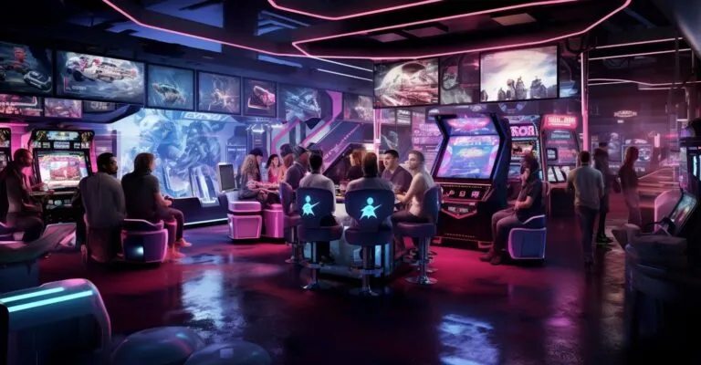 People Engrossed In Intense Gaming, Vibrant Atmosphere