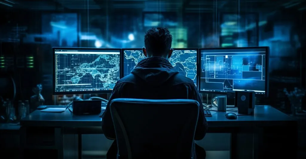 A Hacker Sitting At A Dimly Lit Computer Desk
