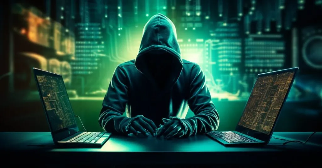 Hacking A Hooded Figure Typing On A Keyboard With Binary Code And Security Padlocks In The Background