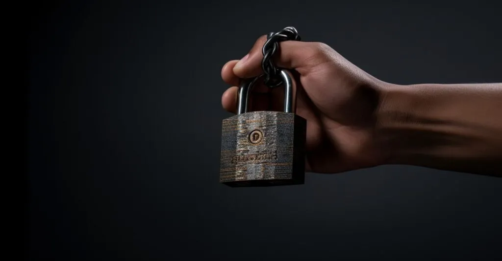 Hand Holding A Padlock Securing A Smartphone