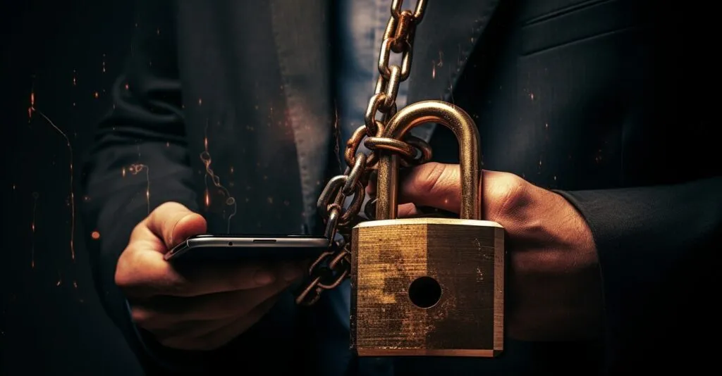 Hand Holding A Padlock With A Chain Wrapped Around A Mobile Device