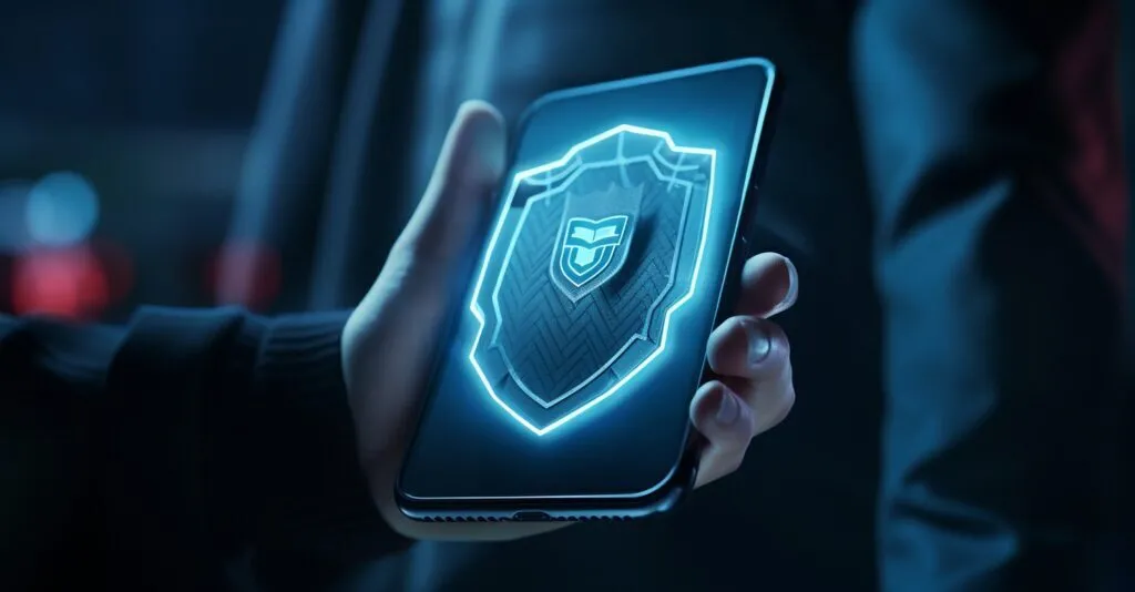 Hand Holding A Shield With A Phone