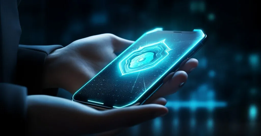 Hand Holding A Smartphone Protected By A Digital Shield