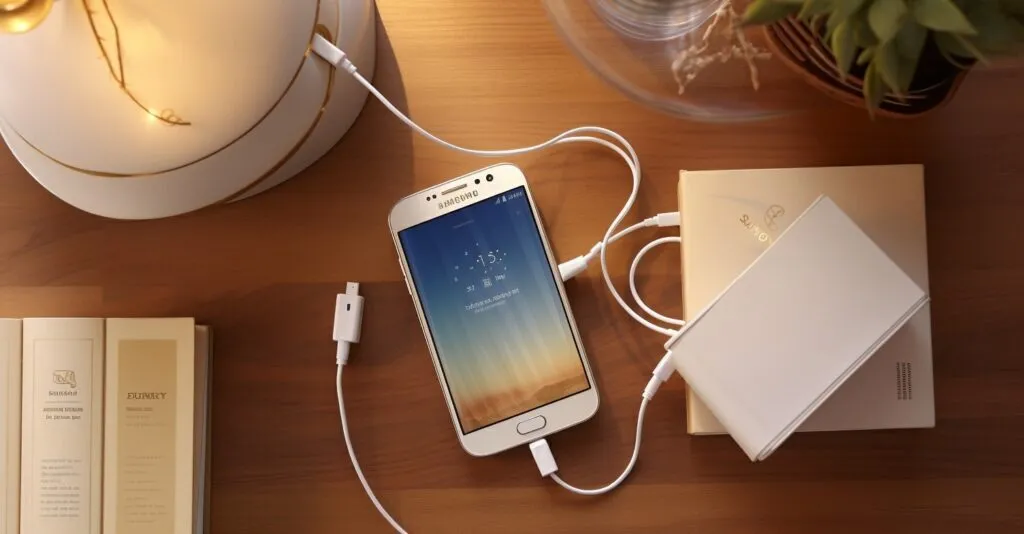 Samsung Galaxy S5 On Desk With Usb Cables And Notepad
