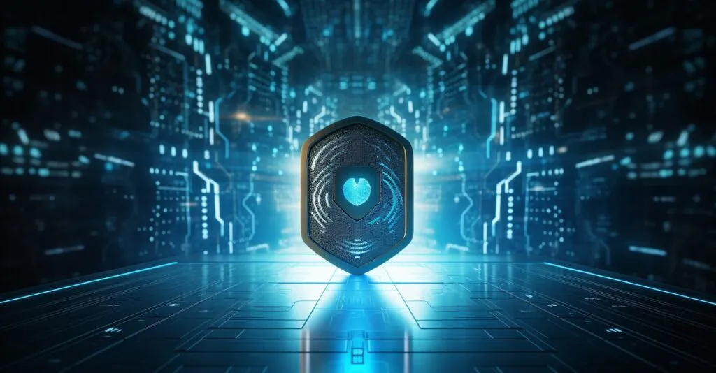Shield With A Binary Code Pattern And A Padlock Emblem