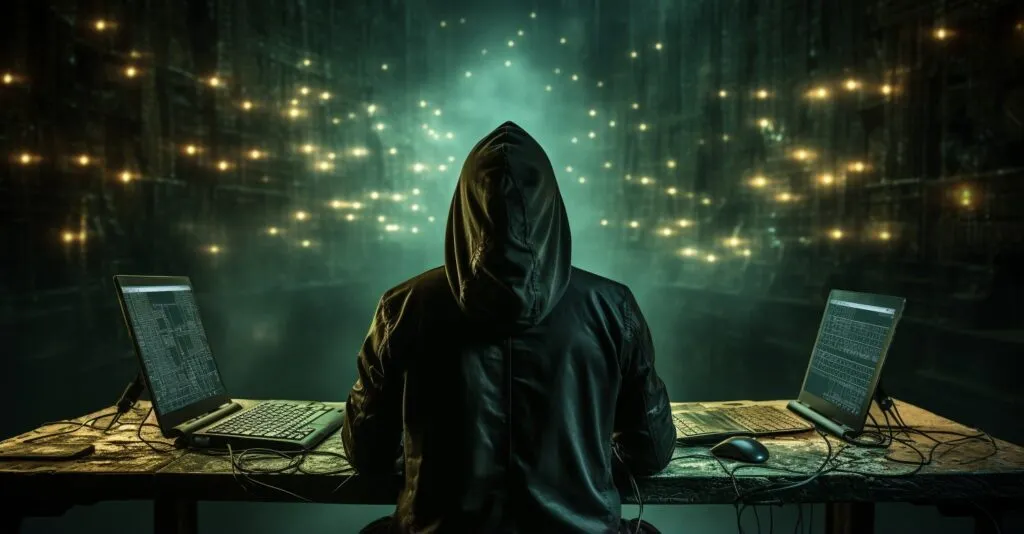 A Hacker Silhouette Lurking In The Shadows, Cyber Threat.