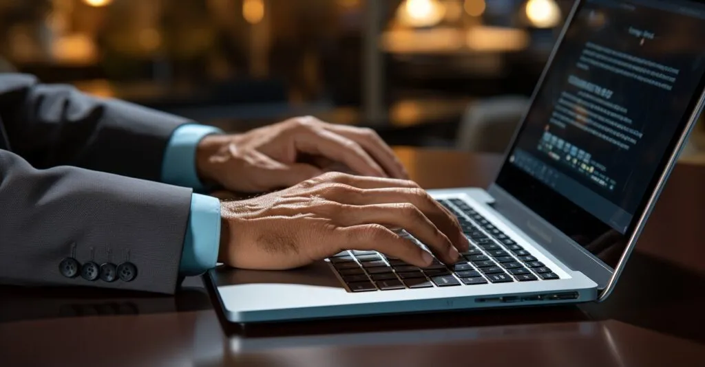 A Hand Typing On A Laptop Keyboard To Change Voicemail Password