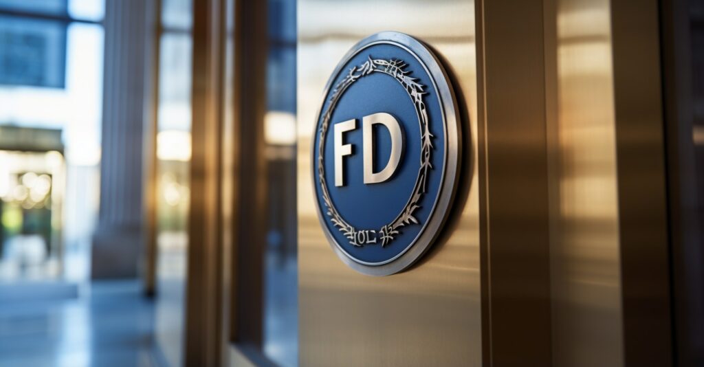 FDIC Logo On A Bank's Entrance Door