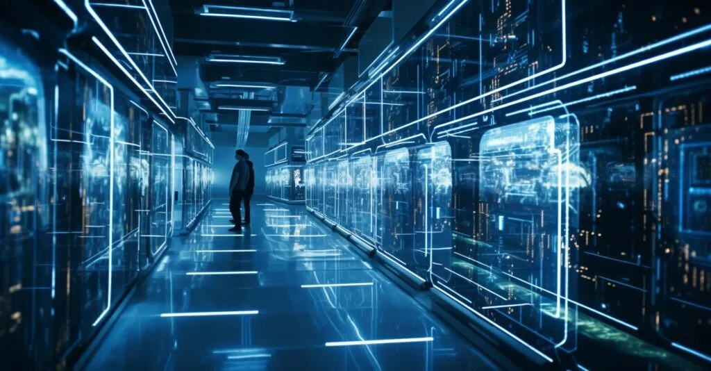 Futuristic Ai Server Farm With Holographic Data Interfaces