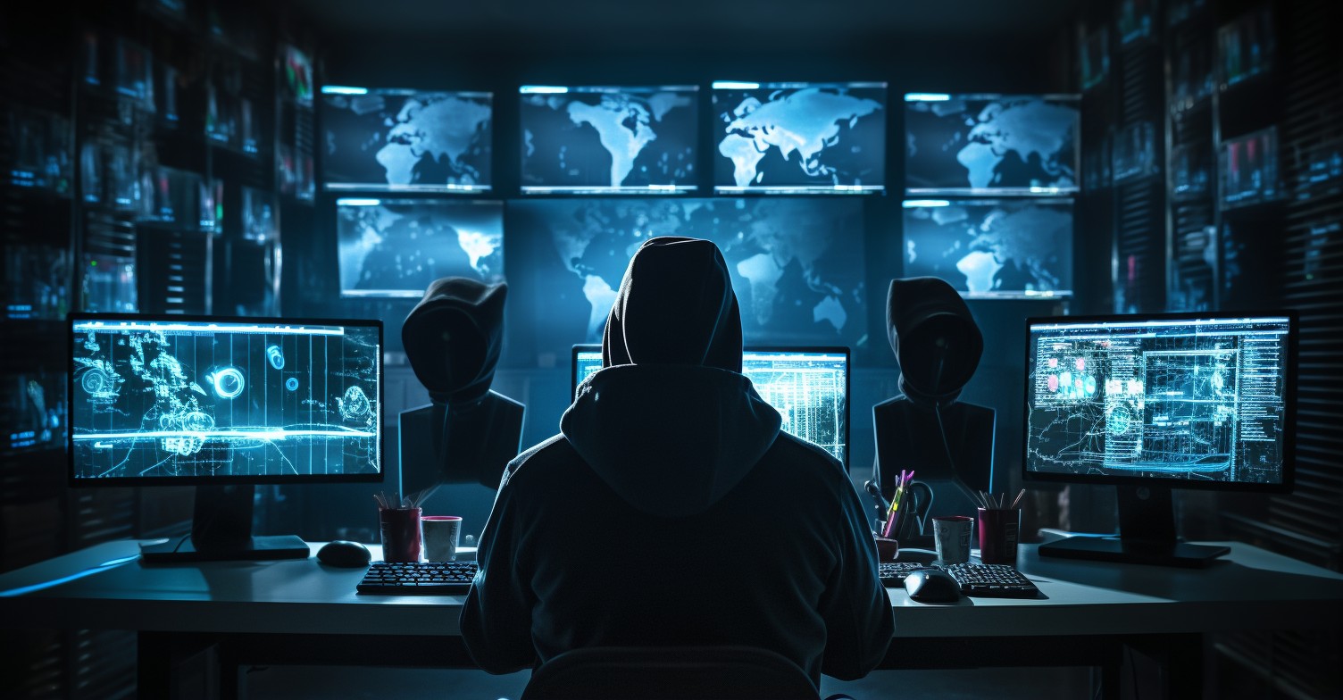 Hacker In A Dark Room Surrounded By Computer Screens