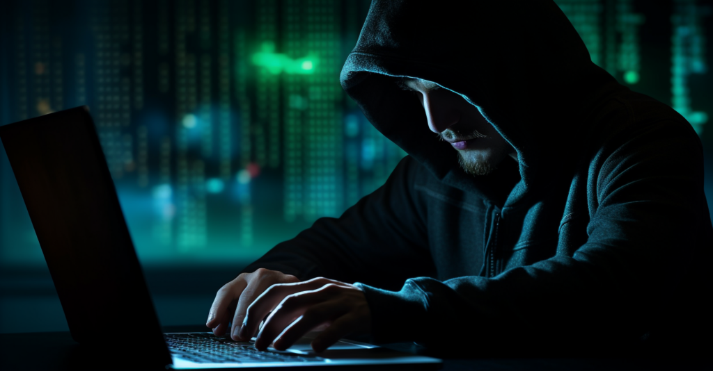 Hacker In Dark Hoodie Over Computer Keyboard