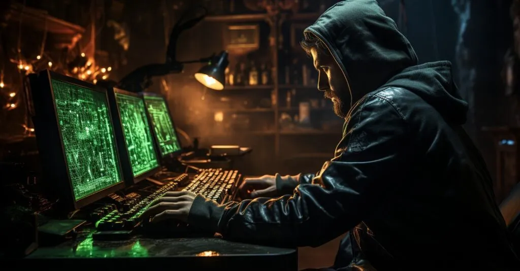 Hacker's Silhouette With A Laptop And Code Snippets