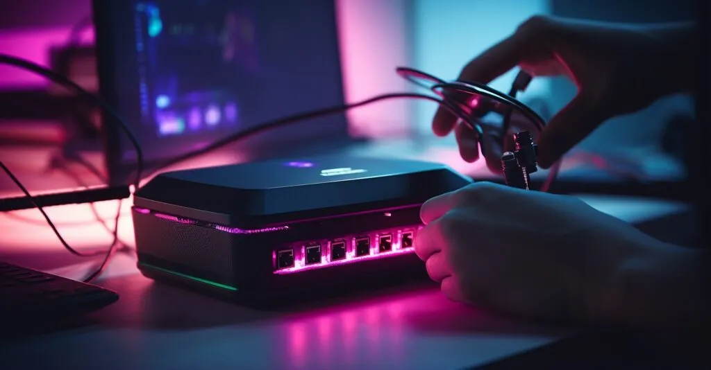 Hand Adjusting Dns Settings On A Router With Colorful Lights