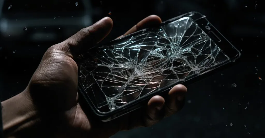 Hand Holding A Shattered Iphone With Dramatic Lighting