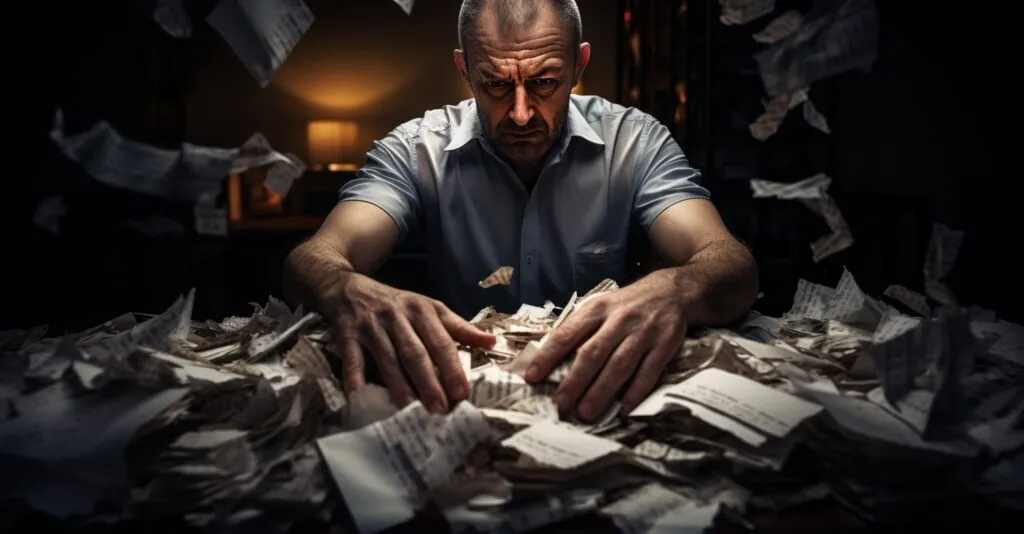 Identity Theft Victim's Hands Clutching Shredded Documents