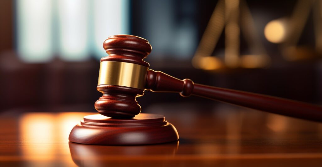 Legal Gavel On A Wooden Desk
