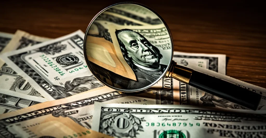 Magnifying Glass Inspecting A Dollar Bill Closely