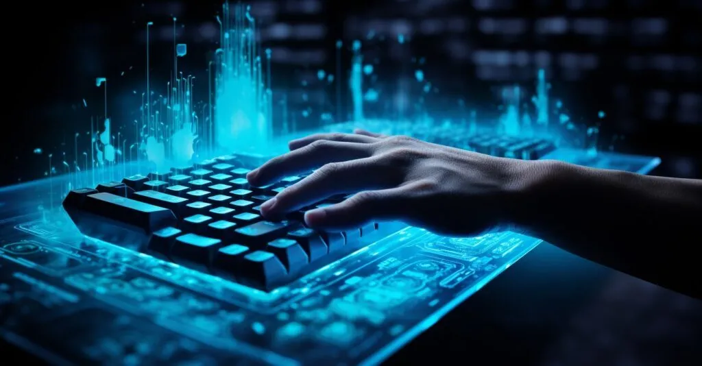 Person's Hand Hovering Over A Glowing Keyboard