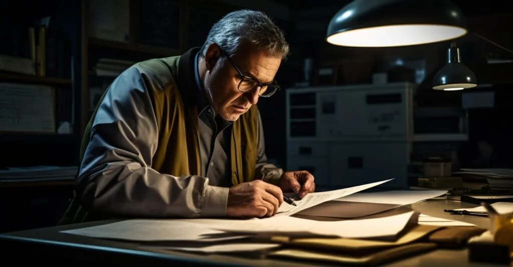 Private Investigator At Work, Examining Documents