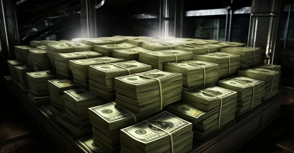Stacks Of Dollar Bills Secured In A Bank Vault