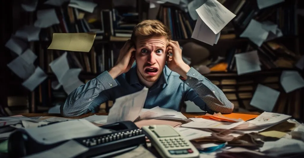 Stressed Person Surrounded By Scattered Documents