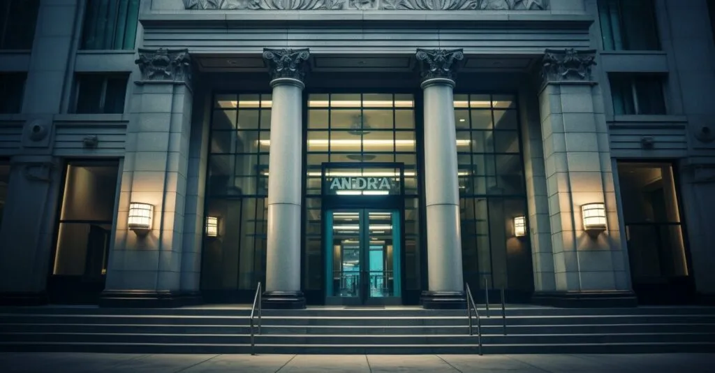 Bank Building with "No SSN Required" Banner