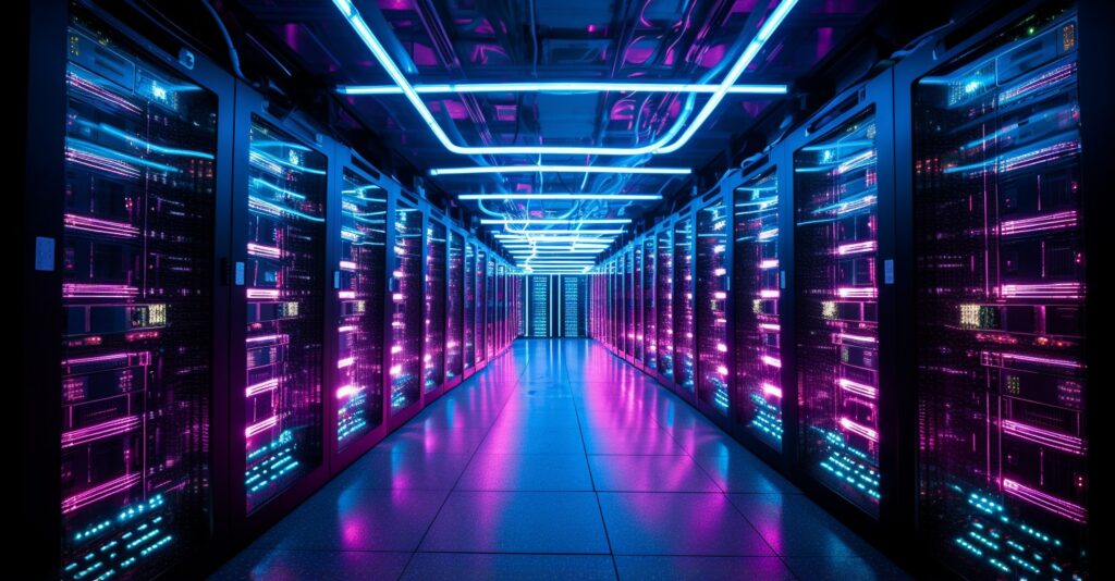 Futuristic Cisco Network Server Room With Neon Lights