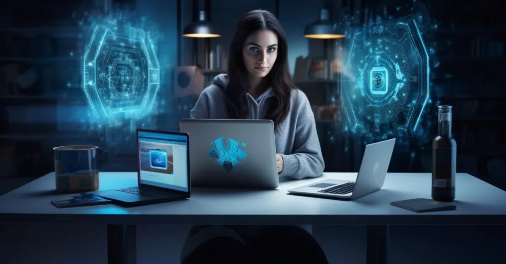 Woman With Laptop, Smartphone, And Security Shield