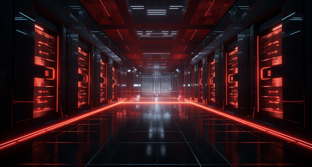 High Tech Server Room With Glowing Red Led Lights