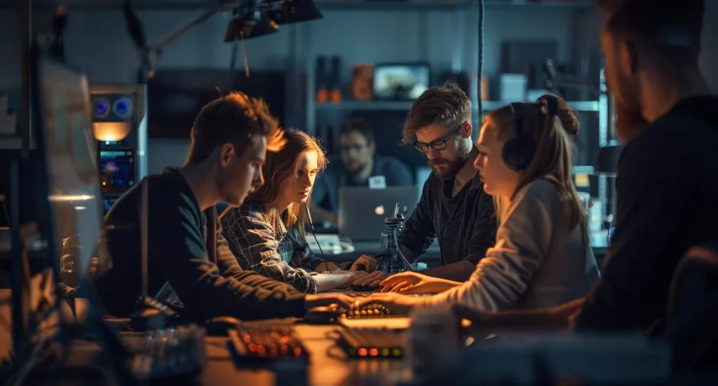 Game Testers And Developers Collaborating In An Office Setting