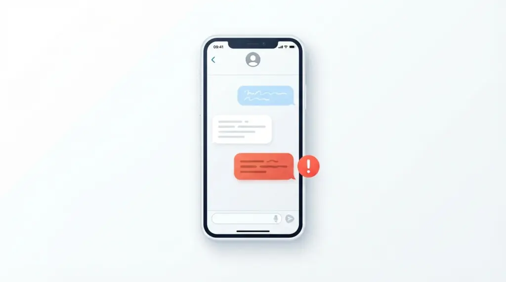 Smartphone displaying a messaging app with a red failed-to-send error indicator next to an unsent message bubble