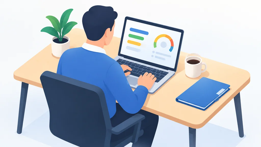 Person at a desk reviewing a credit report on a laptop