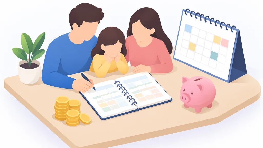 Family budget planner with a calendar and a piggy bank