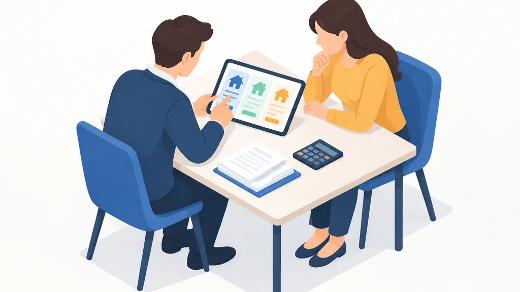 Two people comparing loan offers on a tablet at a desk