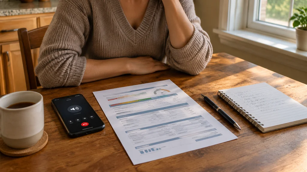 Person calling Experian about fraud with report and notepad ready