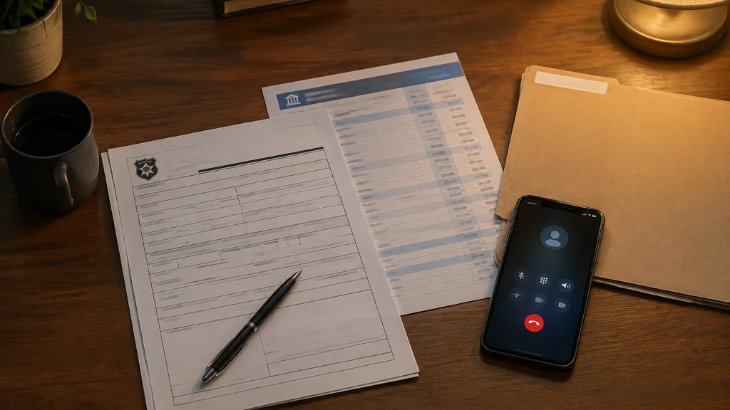Documents and phone ready for an identity theft report
