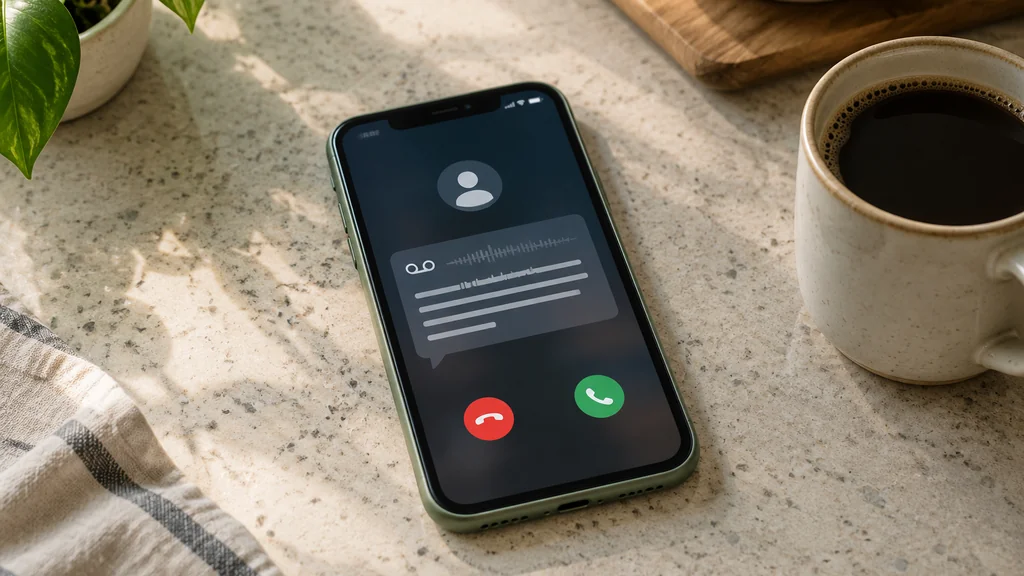 iPhone showing live voicemail transcription during an incoming call